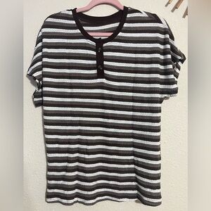 NIP SHEWIN Striped Waffle Knit Button Half Placket Short Sleeve Top